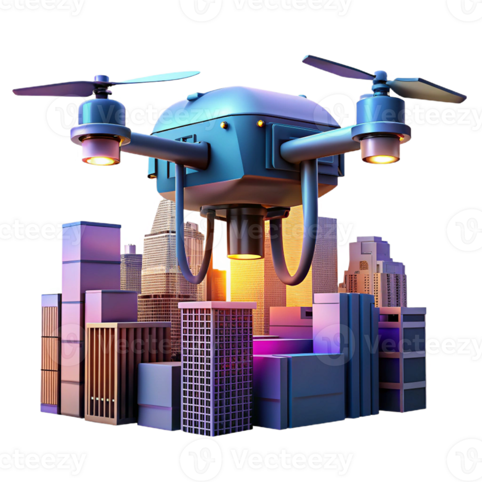 beautiful contemporary A delivery drone flying over a cityscape, dusk, twilight lighting, futuristic style professional png