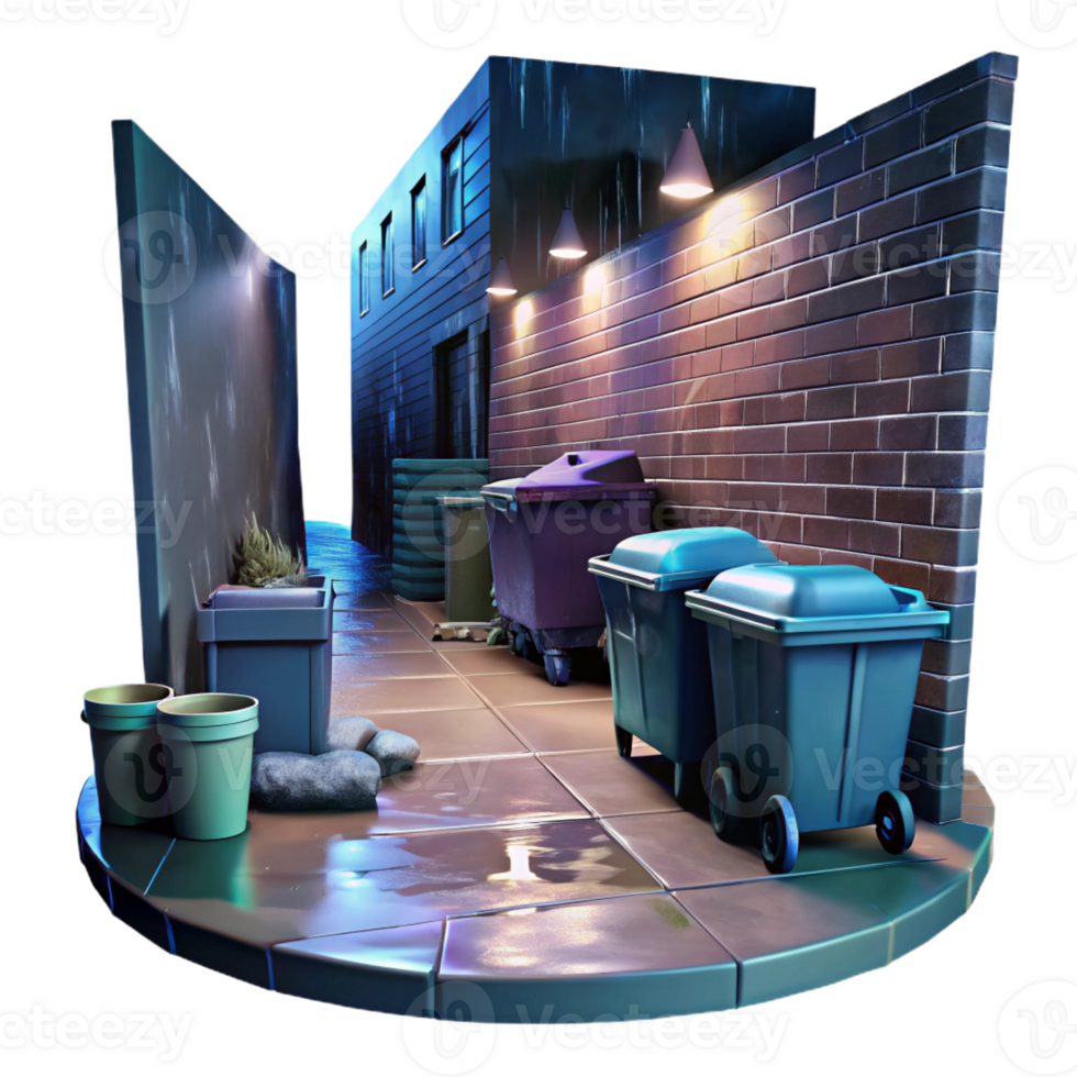 impressive traditional A rain-soaked alley with overflowing dumpsters and graffiti, night, dim lighting, gritty style professional png