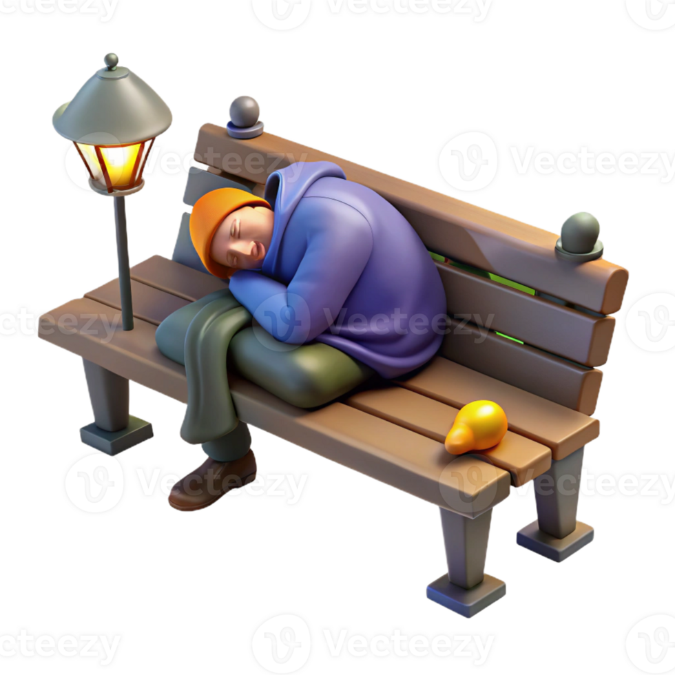 wonderful traditional A homeless person sleeping on a park bench, night, dim lighting, social commentary style exclusive png