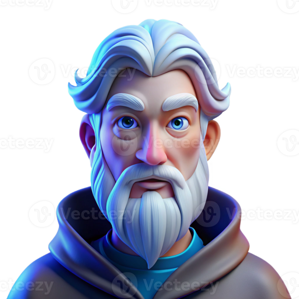 dramatic minimalist Portrait of a wizened old man with a flowing white beard and piercing blue eyes, illuminated by a soft, ethereal glow, Art Nouveau style genuine png