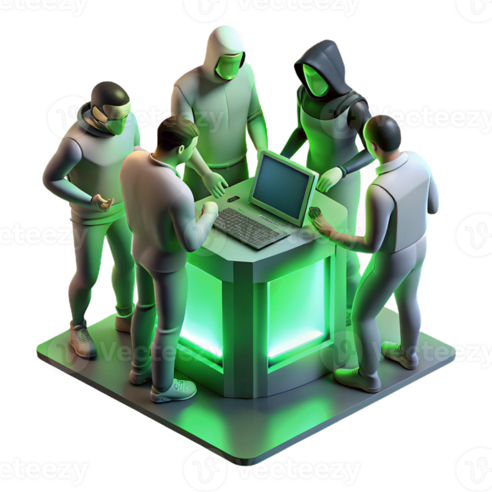beautiful classic A group of hackers huddled around a glowing console in a dimly lit basement, bathed in the green light of the screen. Cyberpunk, gritty realism, photorealistic high resolution png