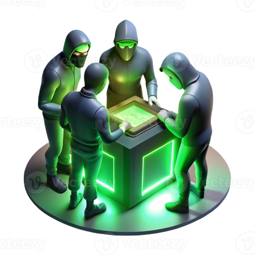 magnificent vintage A group of hackers huddled around a glowing console in a dimly lit basement, bathed in the green light of the screen. Cyberpunk, gritty realism, photorealistic genuine png