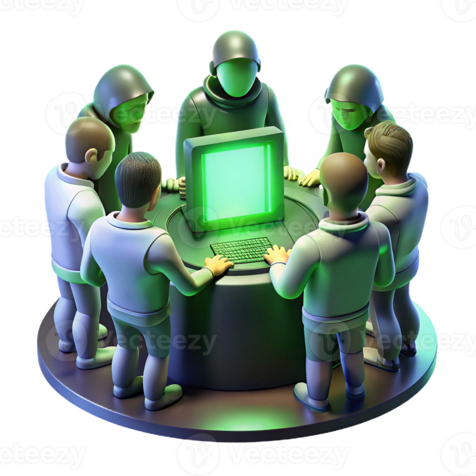 vibrant classic A group of hackers huddled around a glowing console in a dimly lit basement, bathed in the green light of the screen. Cyberpunk, gritty realism, photorealistic authentic png