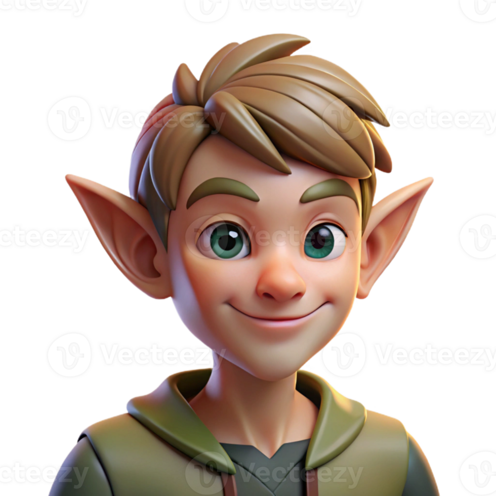 serene classic Portrait of a mischievous elf with pointed ears and a playful smirk, dappled forest light, fantasy art style exclusive png