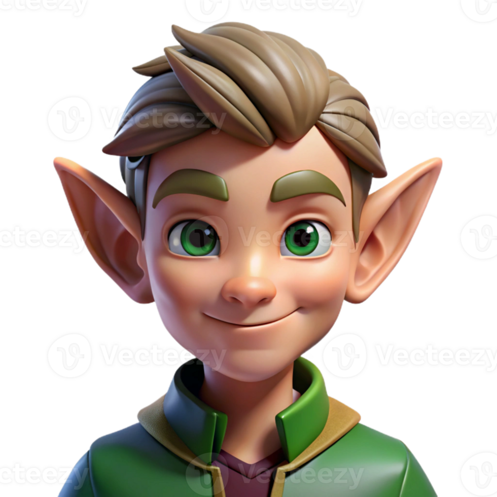 beautiful rustic Portrait of a mischievous elf with pointed ears and a playful smirk, dappled forest light, fantasy art style high quality png