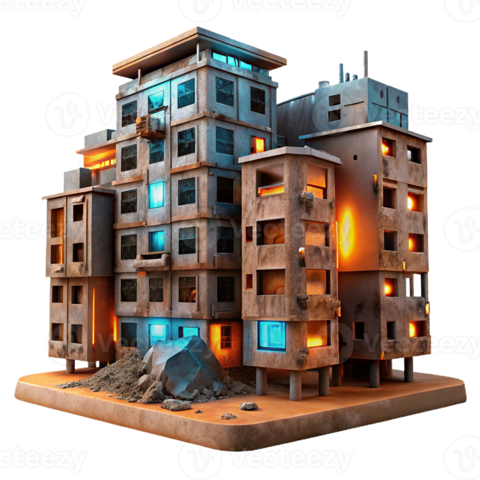 vibrant traditional A dilapidated apartment complex with holographic projections flickering across broken windows, under a polluted, orange sky. Cyberpunk, dystopian, matte painting high quality png