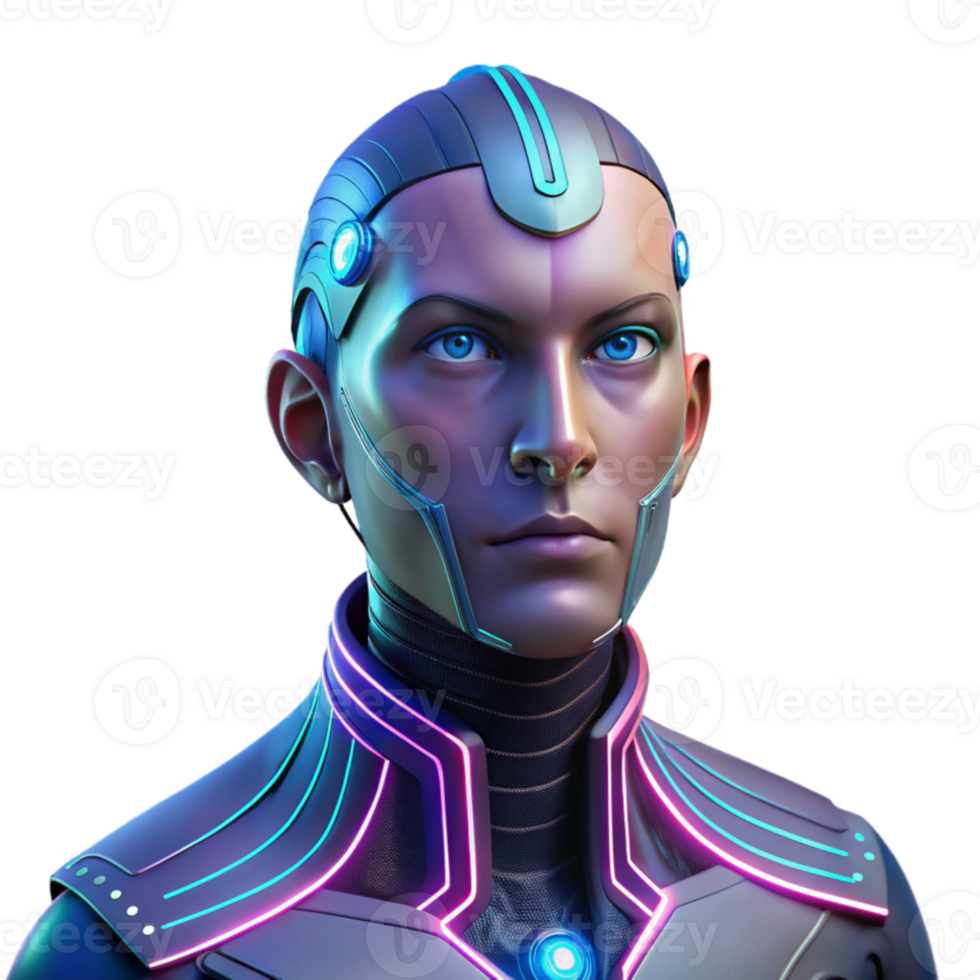 serene contemporary Portrait of a cybernetic human with glowing circuitry and metallic skin, neon lighting, cyberpunk style high quality png
