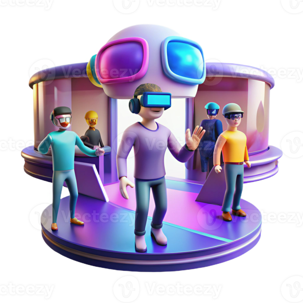 dramatic classic A virtual reality arcade with people immersed in colorful simulations, bathed in the glow of the VR headsets. Cyberpunk, vibrant, futuristic professional png