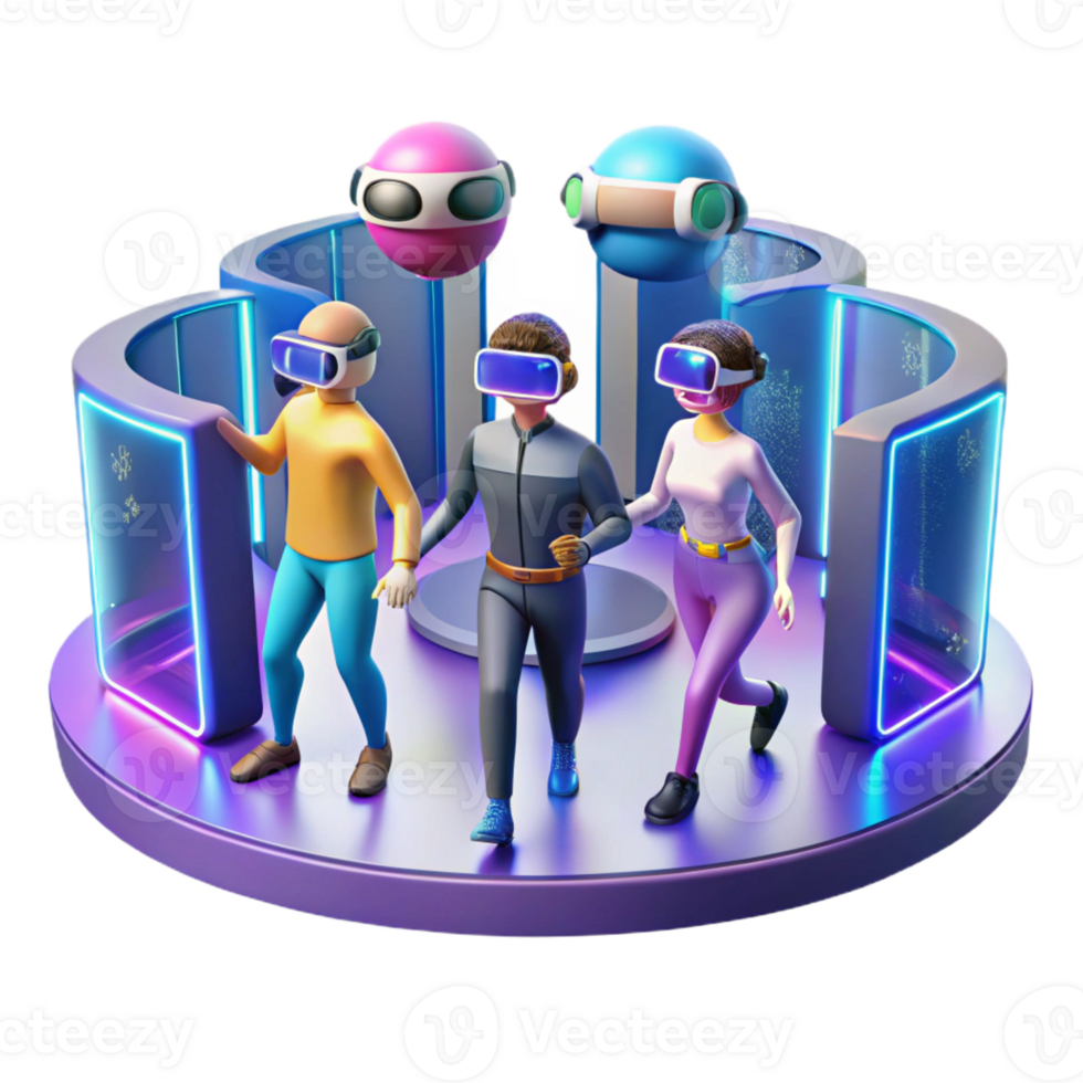 serene artistic A virtual reality arcade with people immersed in colorful simulations, bathed in the glow of the VR headsets. Cyberpunk, vibrant, futuristic professional png