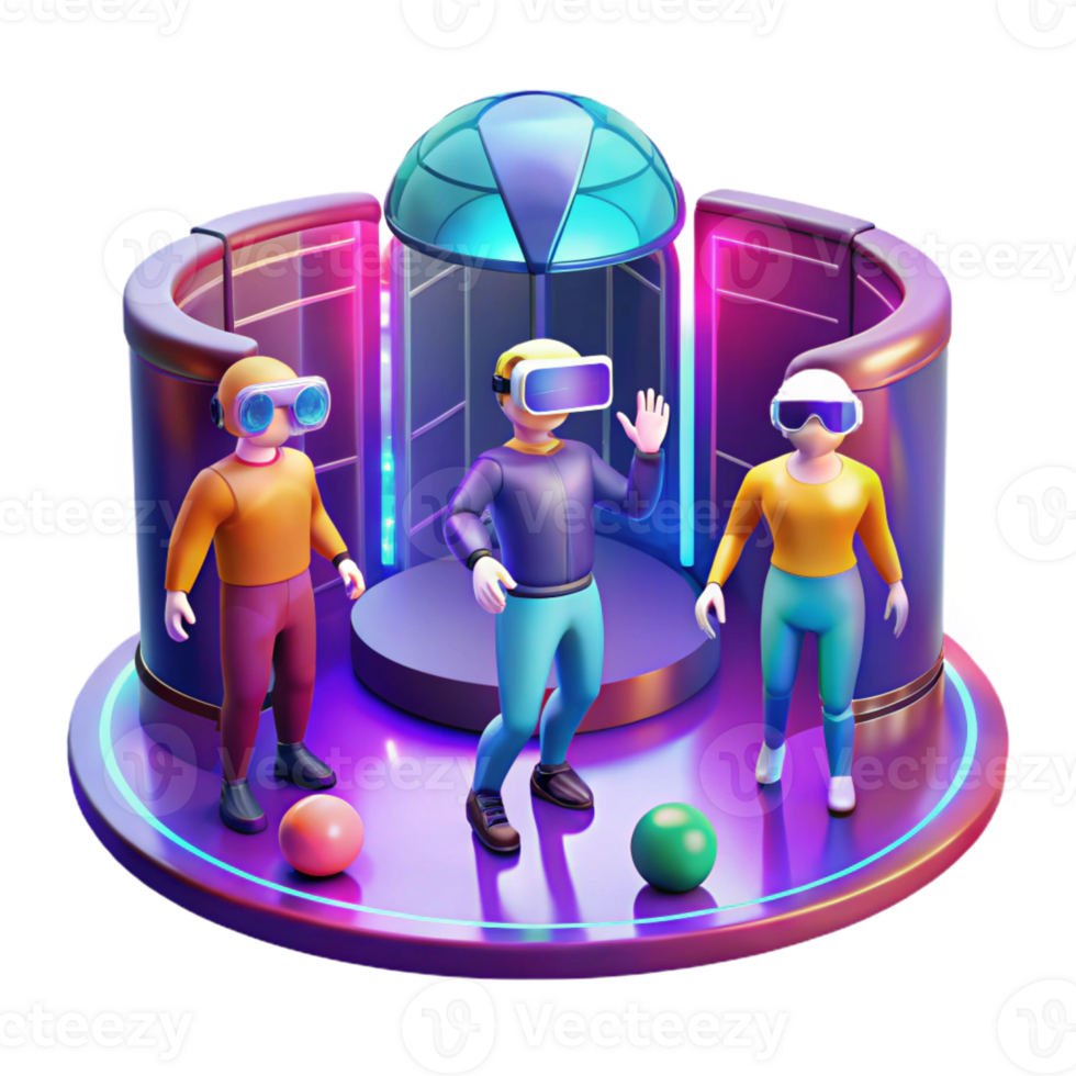 serene minimalist A virtual reality arcade with people immersed in colorful simulations, bathed in the glow of the VR headsets. Cyberpunk, vibrant, futuristic original png