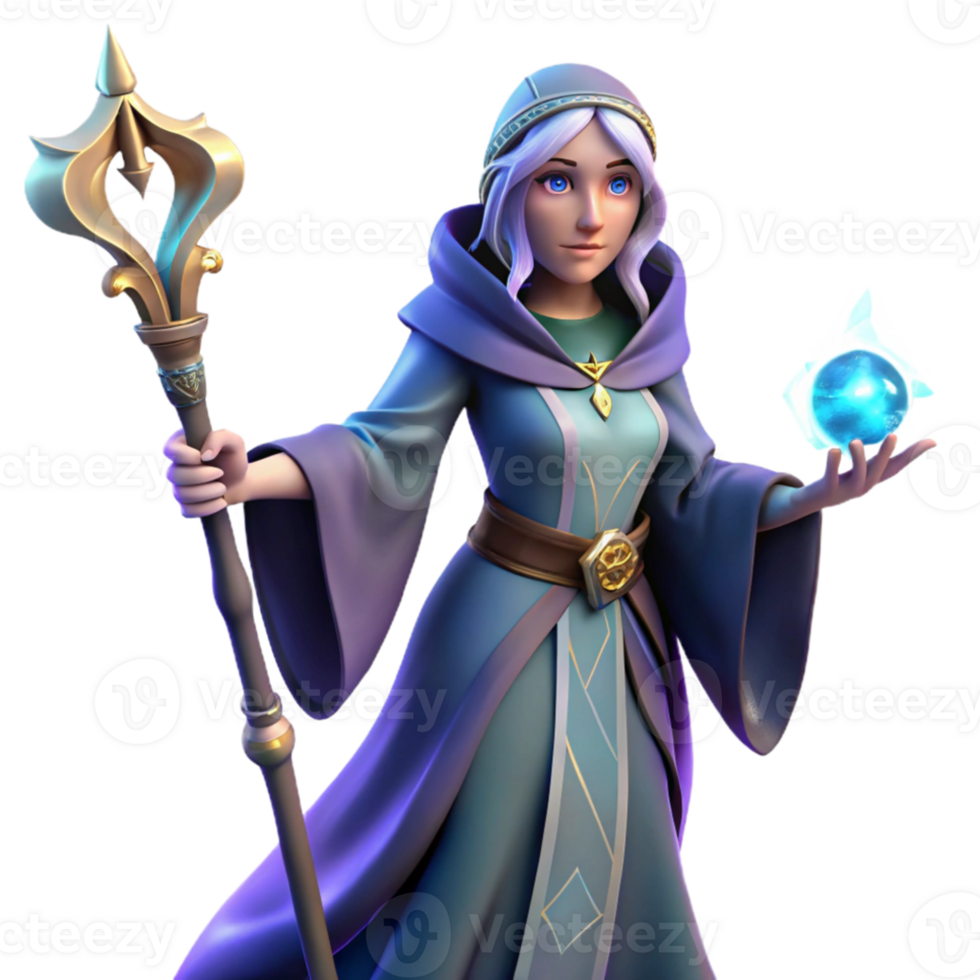 beautiful minimalist Portrait of a powerful sorceress with flowing robes and a staff, mystical, glowing lighting, fantasy art style exclusive png