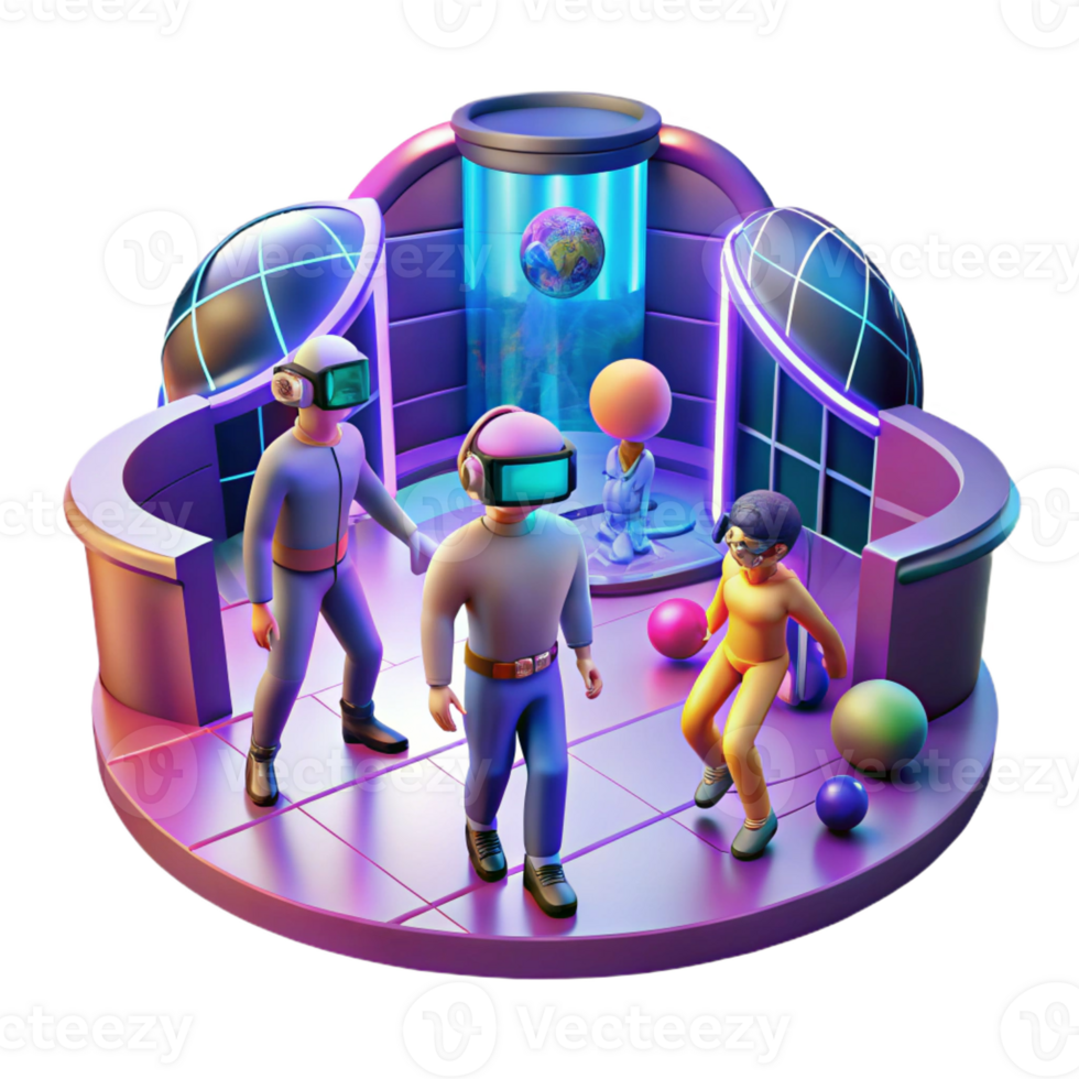 stunning rustic A virtual reality arcade with people immersed in colorful simulations, bathed in the glow of the VR headsets. Cyberpunk, vibrant, futuristic exclusive png