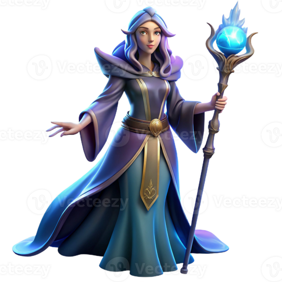 serene abstract Portrait of a powerful sorceress with flowing robes and a staff, mystical, glowing lighting, fantasy art style 4K png