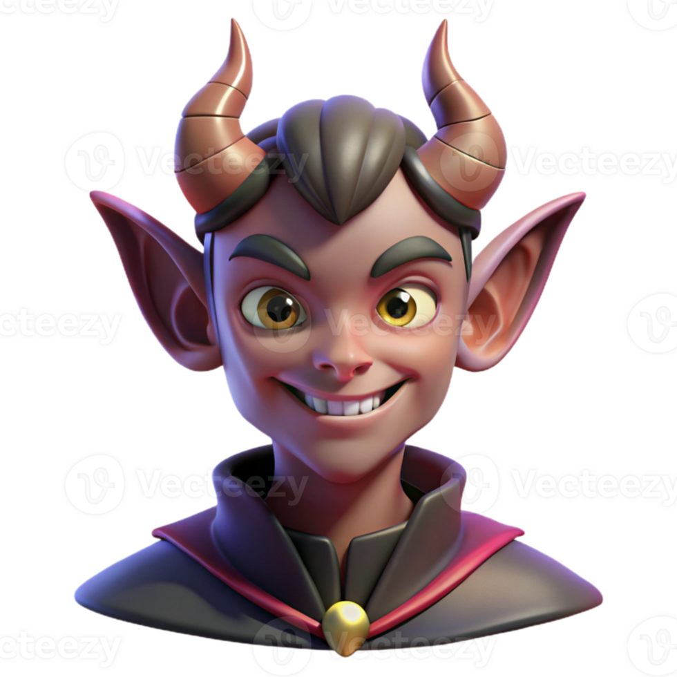 wonderful classic Portrait of a mischievous imp with horns and a pointed tail, dim, flickering lighting, fantasy art style high quality png