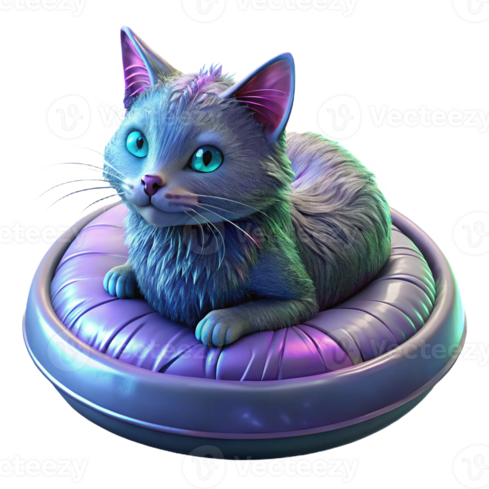 dramatic abstract A genetically modified cat with glowing fur, curled up on a velvet cushion in a futuristic apartment. Cyberpunk, biopunk, whimsical professional png