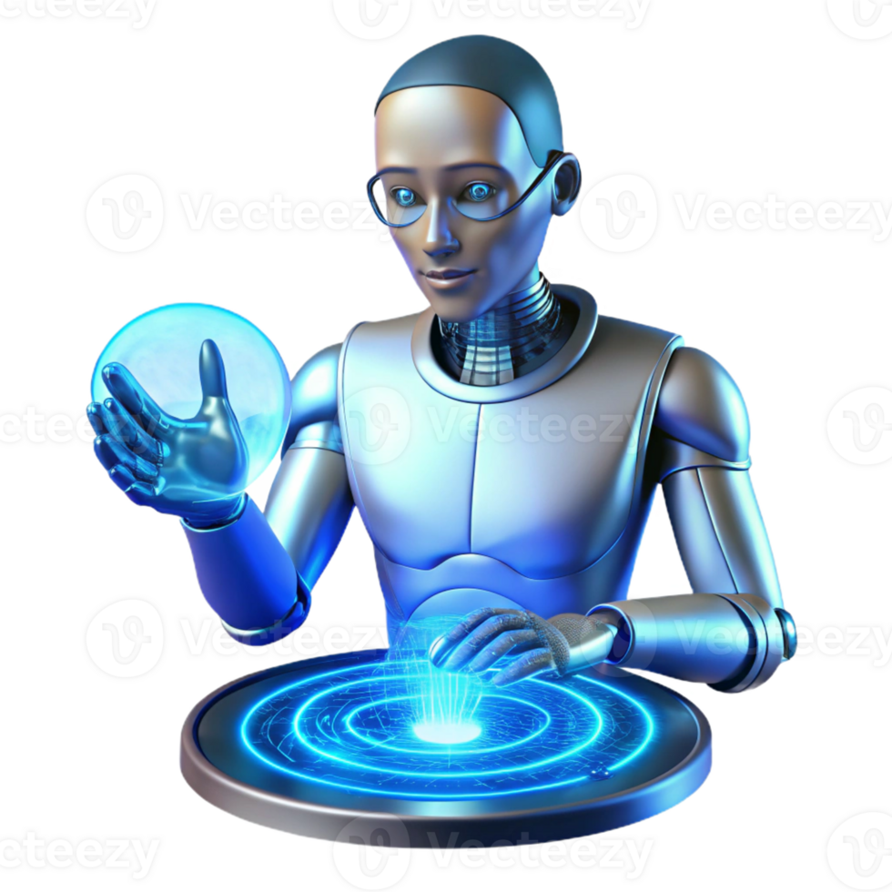 beautiful artistic A cyborg artist creating a holographic sculpture with their fingertips, illuminated by the blue light of the projector. Cyberpunk, creative, ethereal premium png