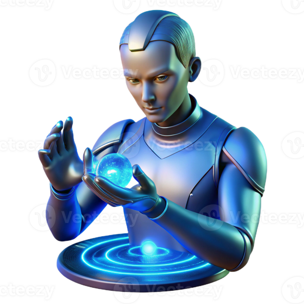 beautiful vintage A cyborg artist creating a holographic sculpture with their fingertips, illuminated by the blue light of the projector. Cyberpunk, creative, ethereal high resolution png