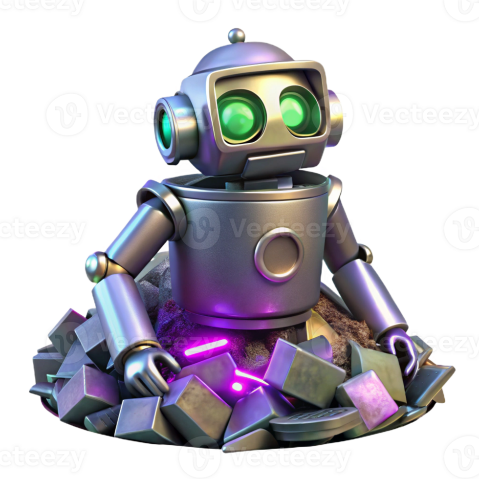 beautiful minimalist A decaying robot discarded in a pile of trash, with flickering neon lights reflecting in its metallic surface. Cyberpunk, dystopian, gritty high quality png