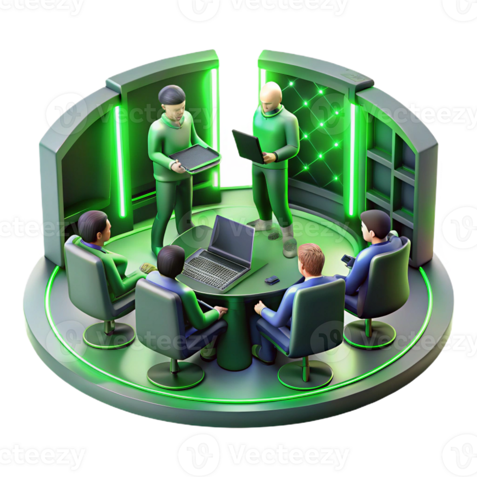 dramatic classic A group of rebels planning a cyberattack in a hidden bunker, lit by the green glow of computer screens. Cyberpunk, resistance, clandestine 4K png
