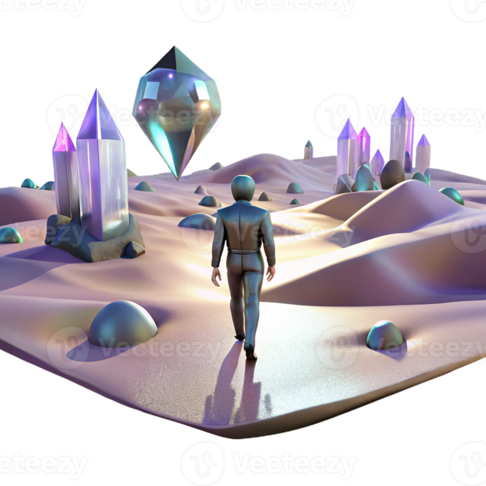 vibrant vintage A lone figure walking through a digital desert, with glitching holographic mirages shimmering in the distance. Cyberpunk, surreal, desolate detailed png