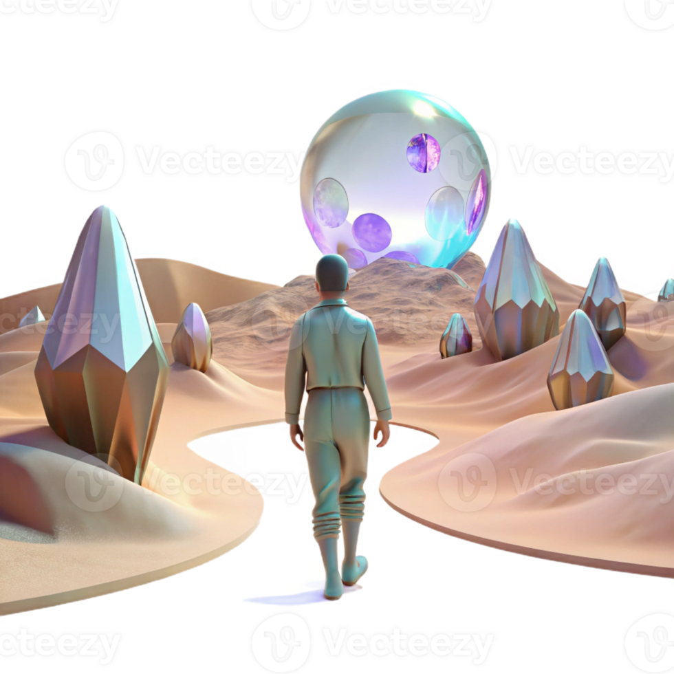 stunning classic A lone figure walking through a digital desert, with glitching holographic mirages shimmering in the distance. Cyberpunk, surreal, desolate detailed png