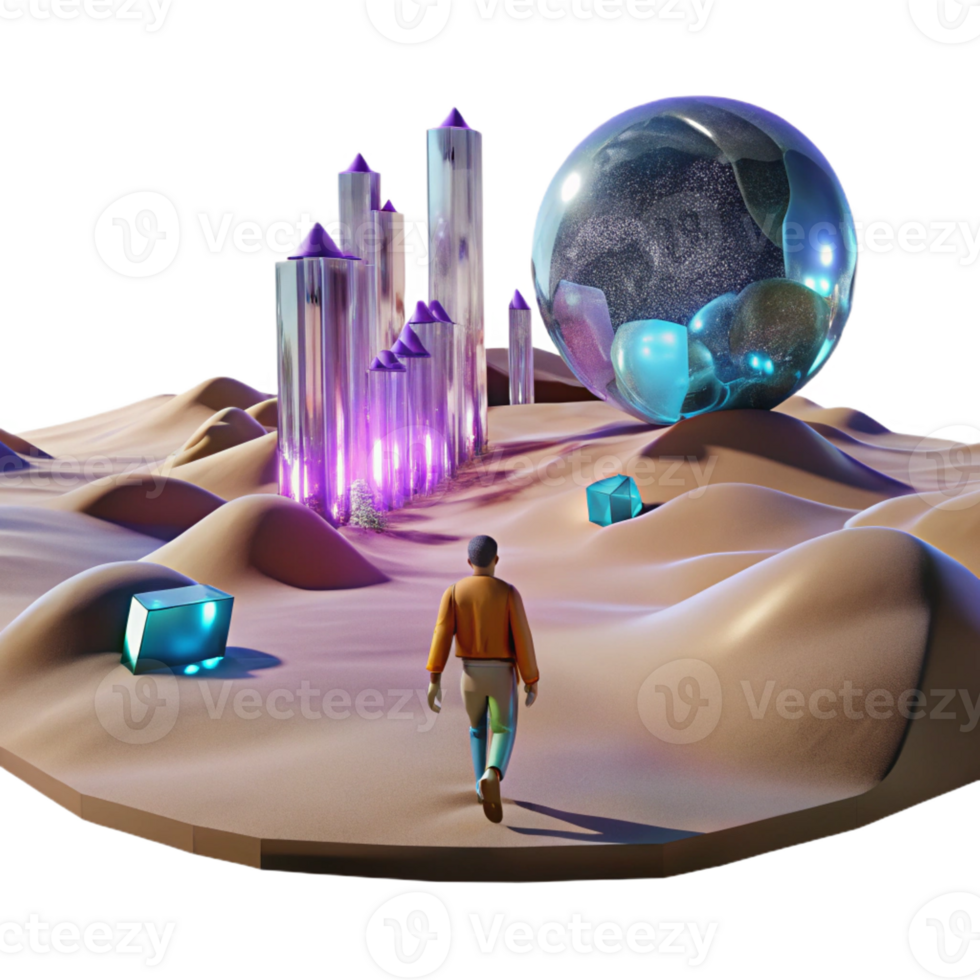 serene abstract A lone figure walking through a digital desert, with glitching holographic mirages shimmering in the distance. Cyberpunk, surreal, desolate high quality png