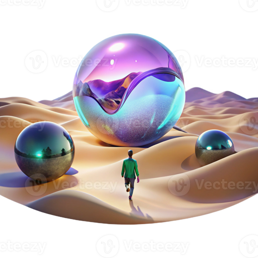 elegant classic A lone figure walking through a digital desert, with glitching holographic mirages shimmering in the distance. Cyberpunk, surreal, desolate high quality png