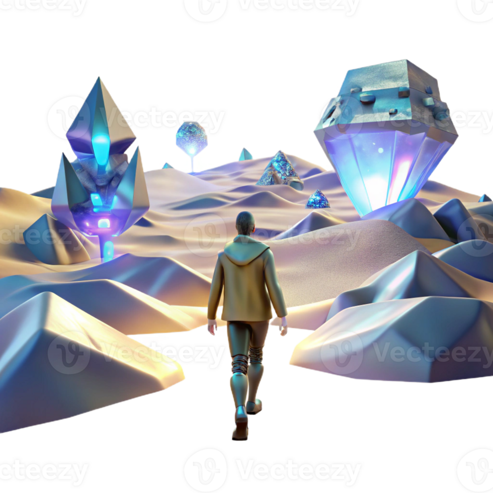 beautiful rustic A lone figure walking through a digital desert, with glitching holographic mirages shimmering in the distance. Cyberpunk, surreal, desolate detailed png