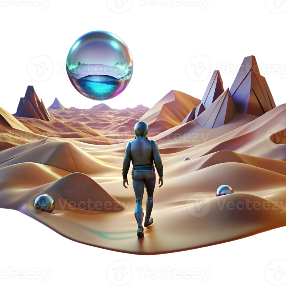 extraordinary contemporary A lone figure walking through a digital desert, with glitching holographic mirages shimmering in the distance. Cyberpunk, surreal, desolate original png
