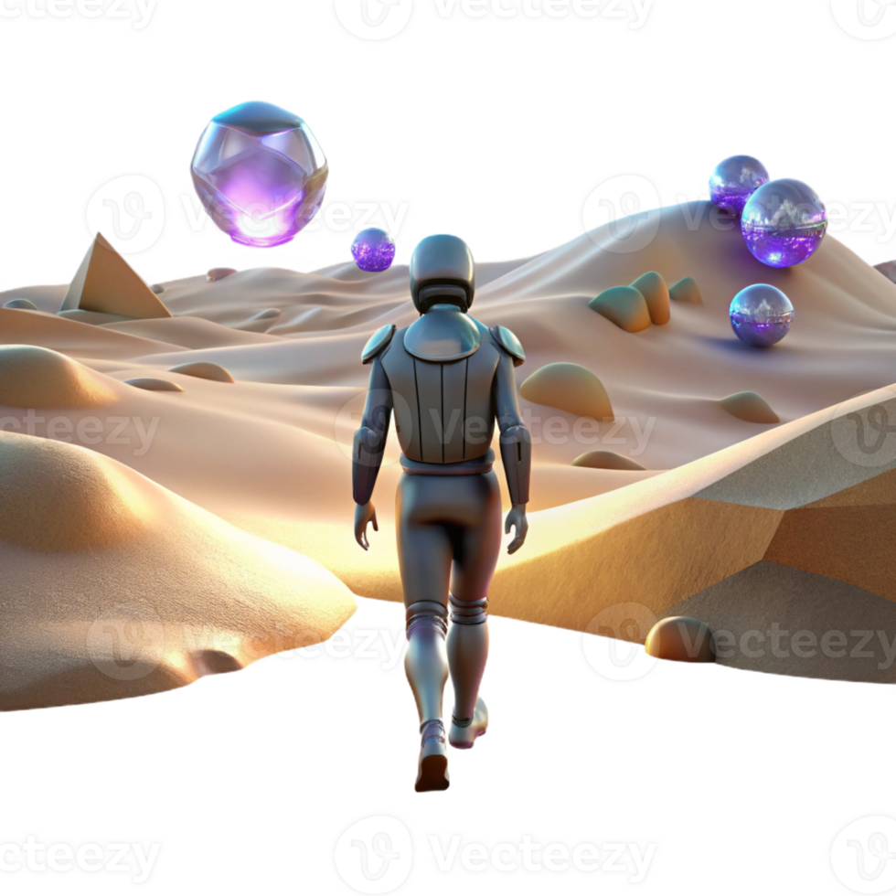 elegant rustic A lone figure walking through a digital desert, with glitching holographic mirages shimmering in the distance. Cyberpunk, surreal, desolate genuine png