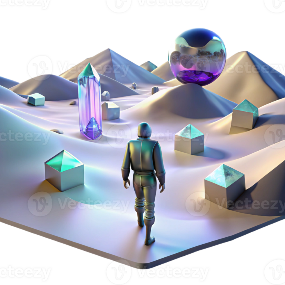 beautiful traditional A lone figure walking through a digital desert, with glitching holographic mirages shimmering in the distance. Cyberpunk, surreal, desolate high resolution png