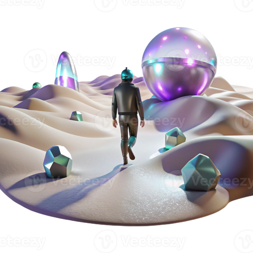 extraordinary modern A lone figure walking through a digital desert, with glitching holographic mirages shimmering in the distance. Cyberpunk, surreal, desolate 4K png