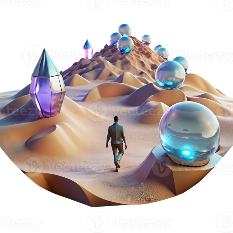 stunning rustic A lone figure walking through a digital desert, with glitching holographic mirages shimmering in the distance. Cyberpunk, surreal, desolate premium png