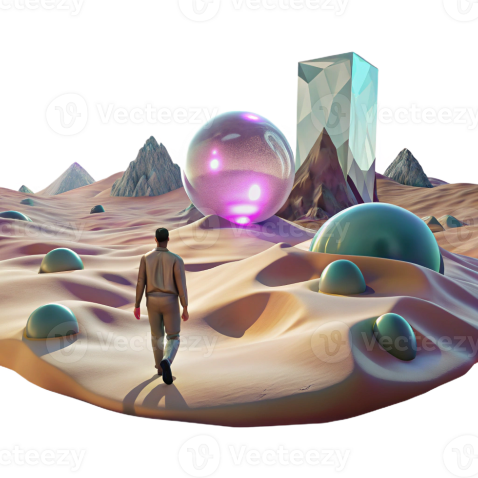 beautiful minimalist A lone figure walking through a digital desert, with glitching holographic mirages shimmering in the distance. Cyberpunk, surreal, desolate authentic png