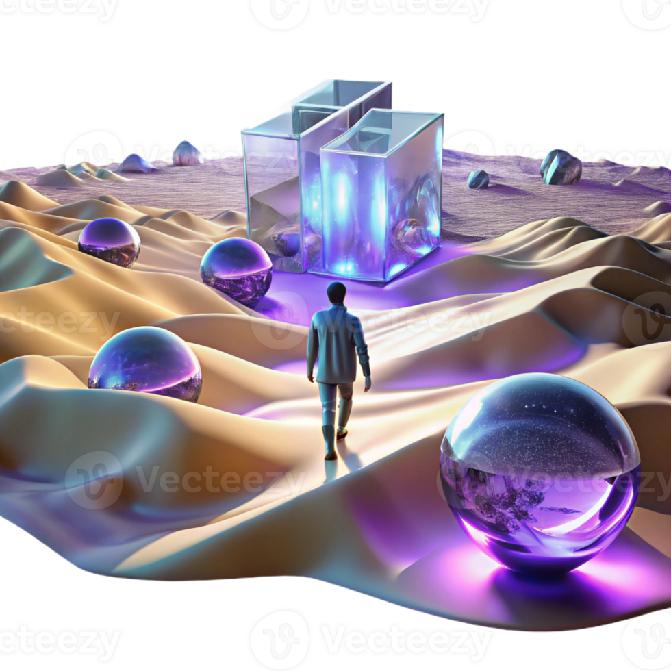 extraordinary traditional A lone figure walking through a digital desert, with glitching holographic mirages shimmering in the distance. Cyberpunk, surreal, desolate 4K png