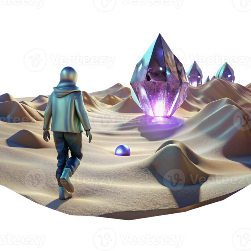stunning artistic A lone figure walking through a digital desert, with glitching holographic mirages shimmering in the distance. Cyberpunk, surreal, desolate exclusive png