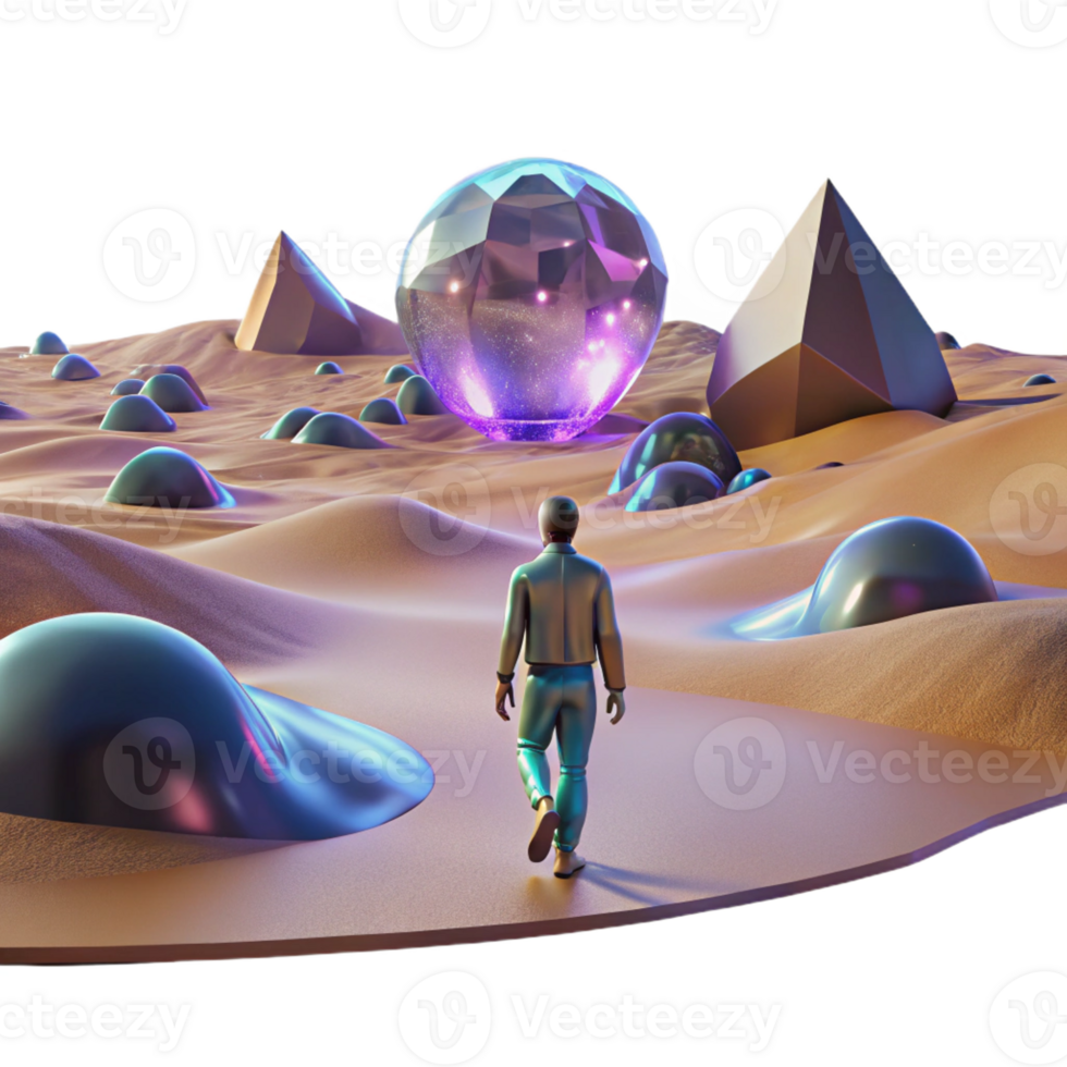 elegant vintage A lone figure walking through a digital desert, with glitching holographic mirages shimmering in the distance. Cyberpunk, surreal, desolate 4K png