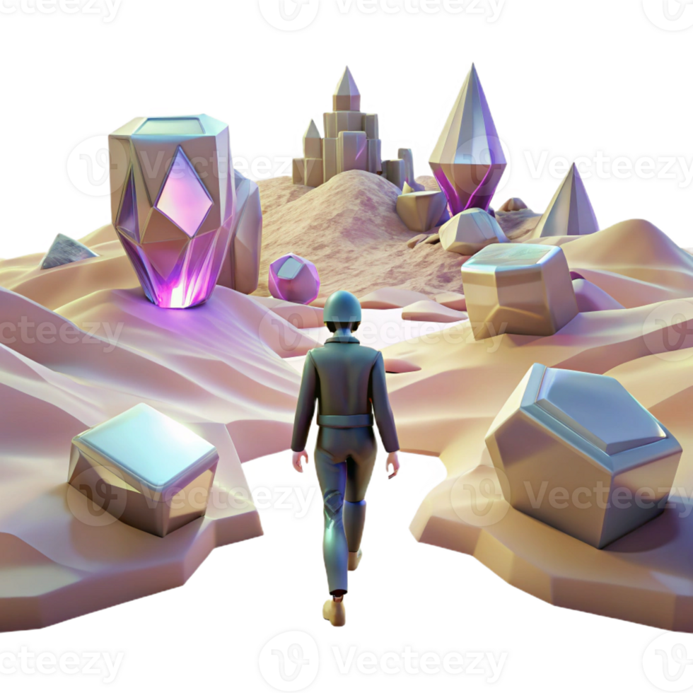 stunning minimalist A lone figure walking through a digital desert, with glitching holographic mirages shimmering in the distance. Cyberpunk, surreal, desolate detailed png