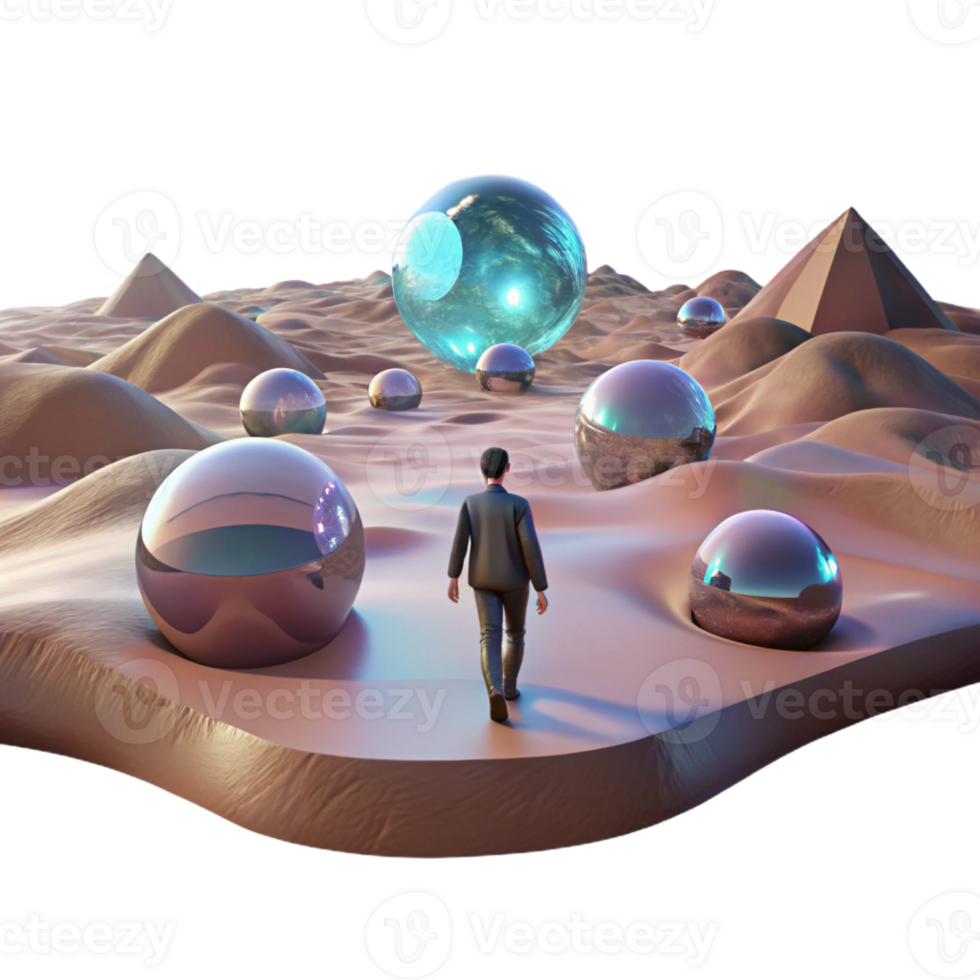 extraordinary artistic A lone figure walking through a digital desert, with glitching holographic mirages shimmering in the distance. Cyberpunk, surreal, desolate high resolution png