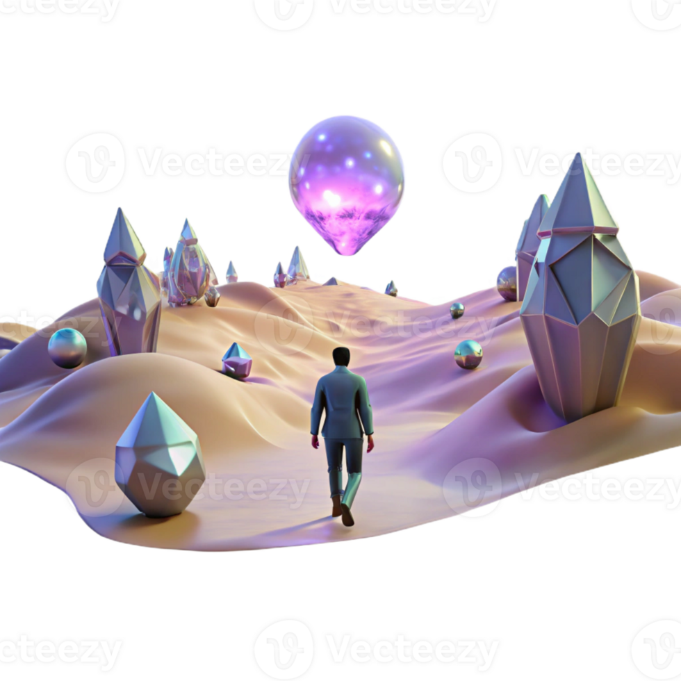 beautiful rustic A lone figure walking through a digital desert, with glitching holographic mirages shimmering in the distance. Cyberpunk, surreal, desolate genuine png