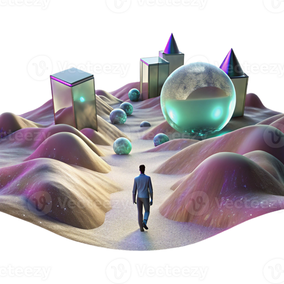 elegant creative A lone figure walking through a digital desert, with glitching holographic mirages shimmering in the distance. Cyberpunk, surreal, desolate professional png