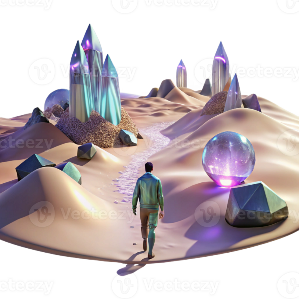 impressive contemporary A lone figure walking through a digital desert, with glitching holographic mirages shimmering in the distance. Cyberpunk, surreal, desolate detailed png