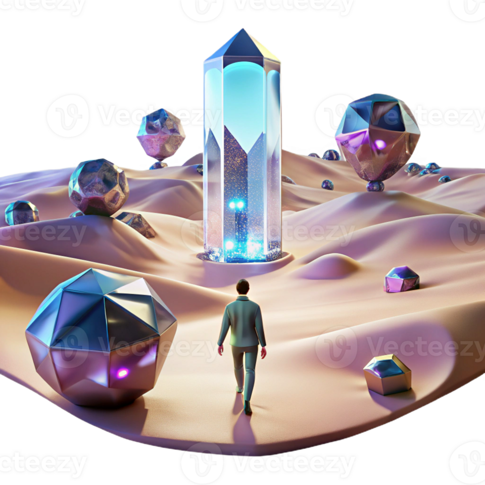 extraordinary classic A lone figure walking through a digital desert, with glitching holographic mirages shimmering in the distance. Cyberpunk, surreal, desolate original png