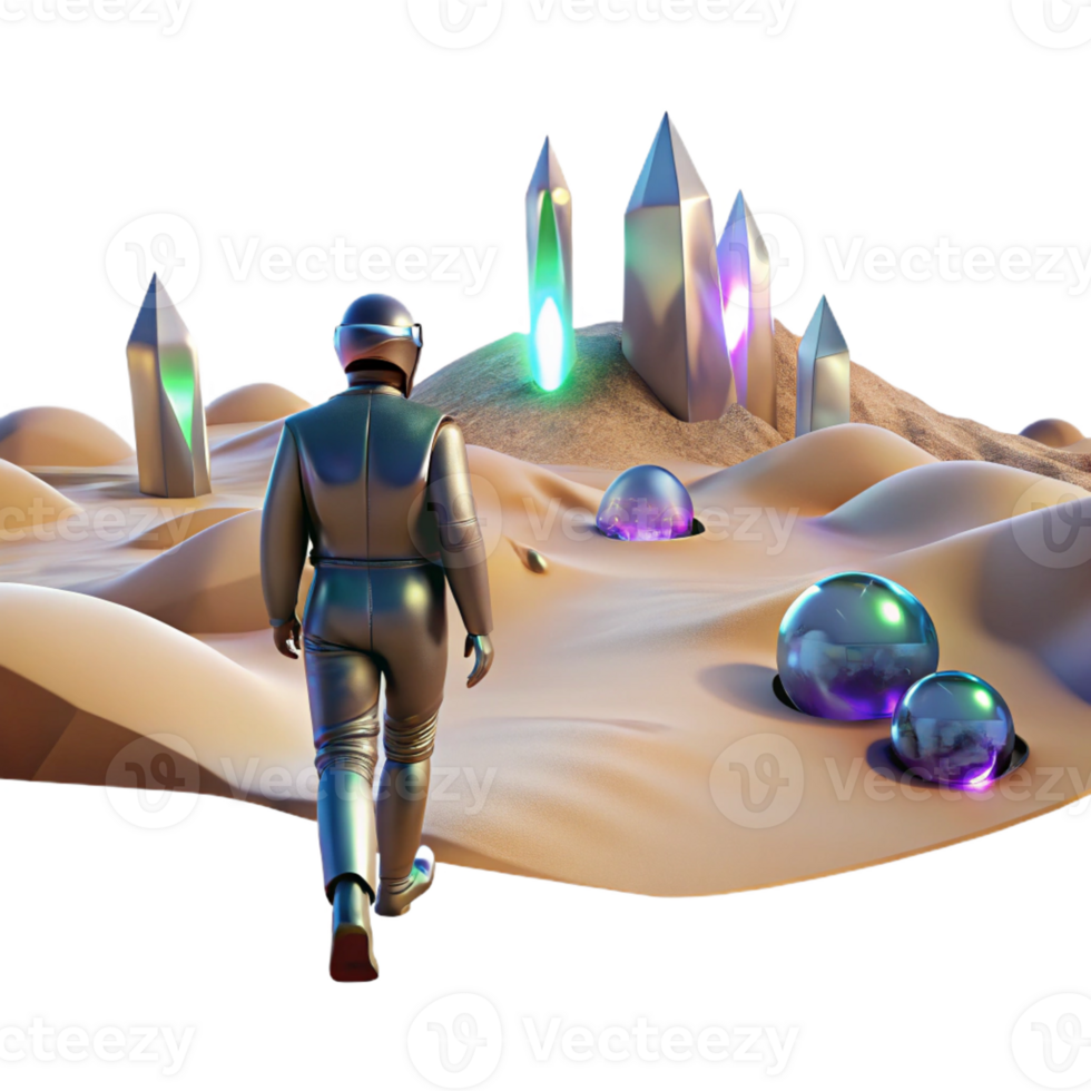 wonderful artistic A lone figure walking through a digital desert, with glitching holographic mirages shimmering in the distance. Cyberpunk, surreal, desolate genuine png