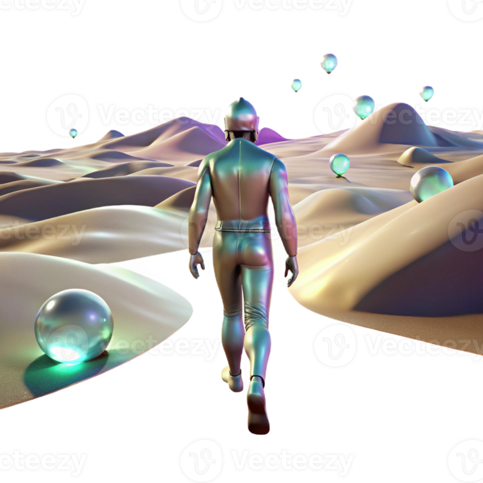 impressive modern A lone figure walking through a digital desert, with glitching holographic mirages shimmering in the distance. Cyberpunk, surreal, desolate original png