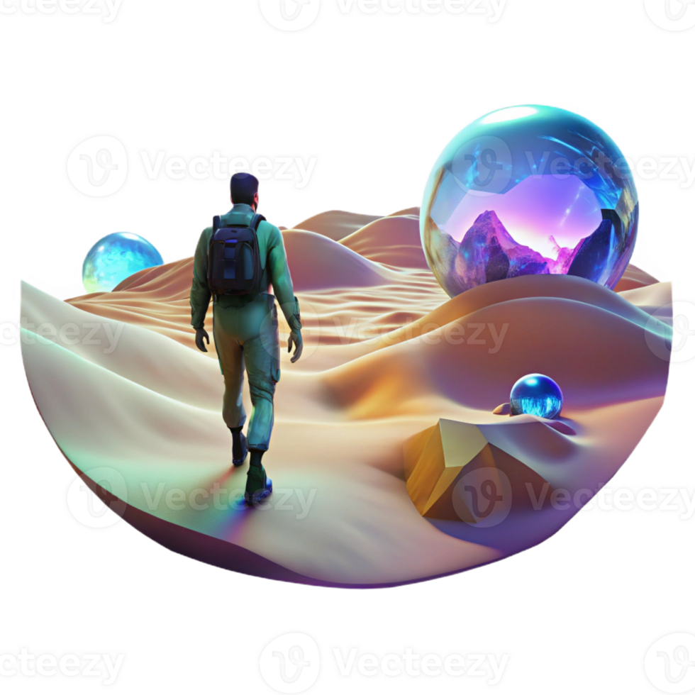stunning abstract A lone figure walking through a digital desert, with glitching holographic mirages shimmering in the distance. Cyberpunk, surreal, desolate detailed png