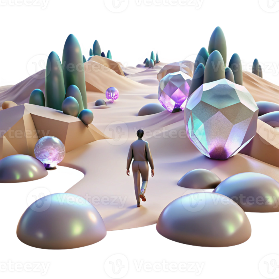extraordinary minimalist A lone figure walking through a digital desert, with glitching holographic mirages shimmering in the distance. Cyberpunk, surreal, desolate authentic png