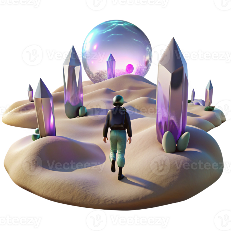 stunning classic A lone figure walking through a digital desert, with glitching holographic mirages shimmering in the distance. Cyberpunk, surreal, desolate original png