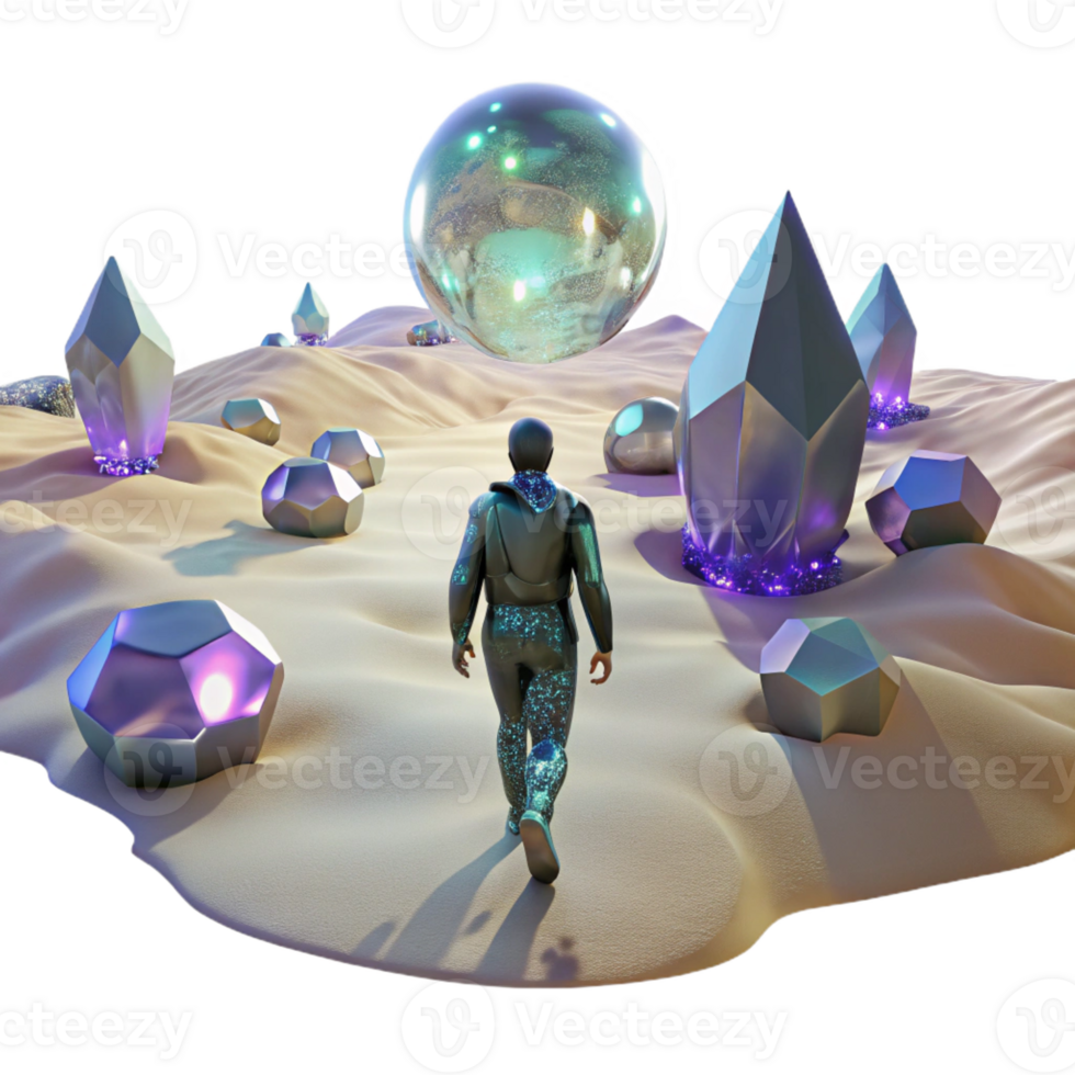 extraordinary classic A lone figure walking through a digital desert, with glitching holographic mirages shimmering in the distance. Cyberpunk, surreal, desolate high resolution png