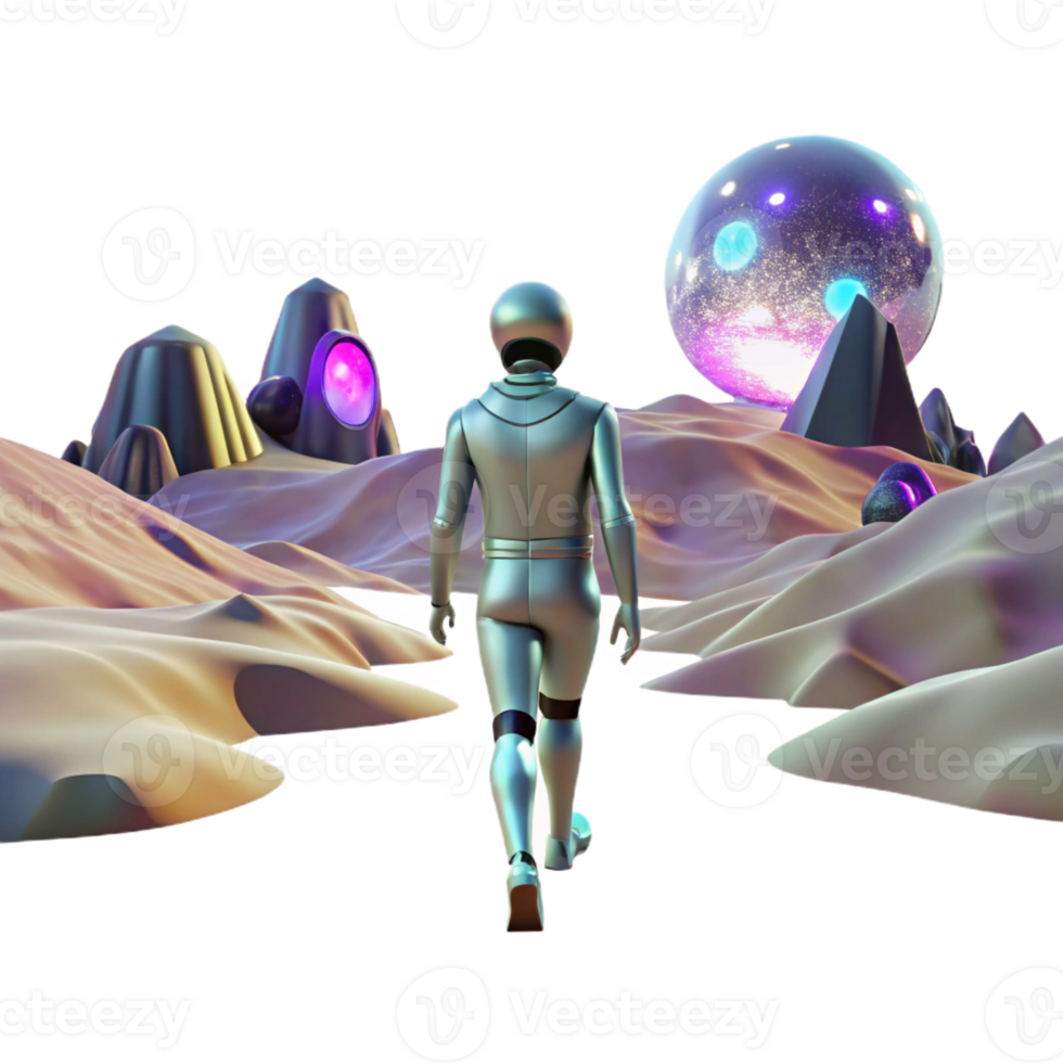 serene classic A lone figure walking through a digital desert, with glitching holographic mirages shimmering in the distance. Cyberpunk, surreal, desolate high quality png